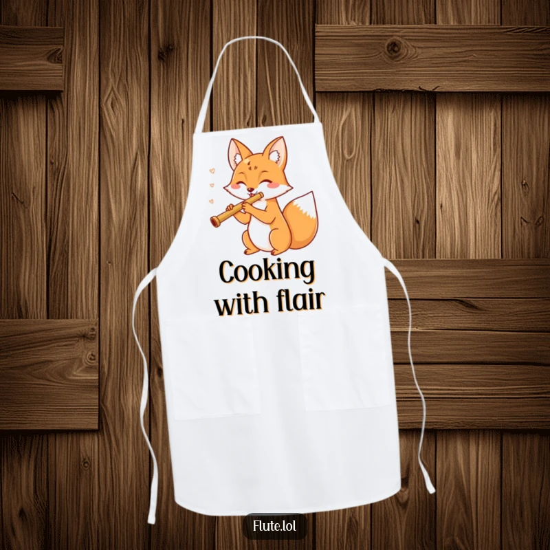 Funny, cheerful fox playing a flute in the kitchen, adding musical cheer to this delightful apron.