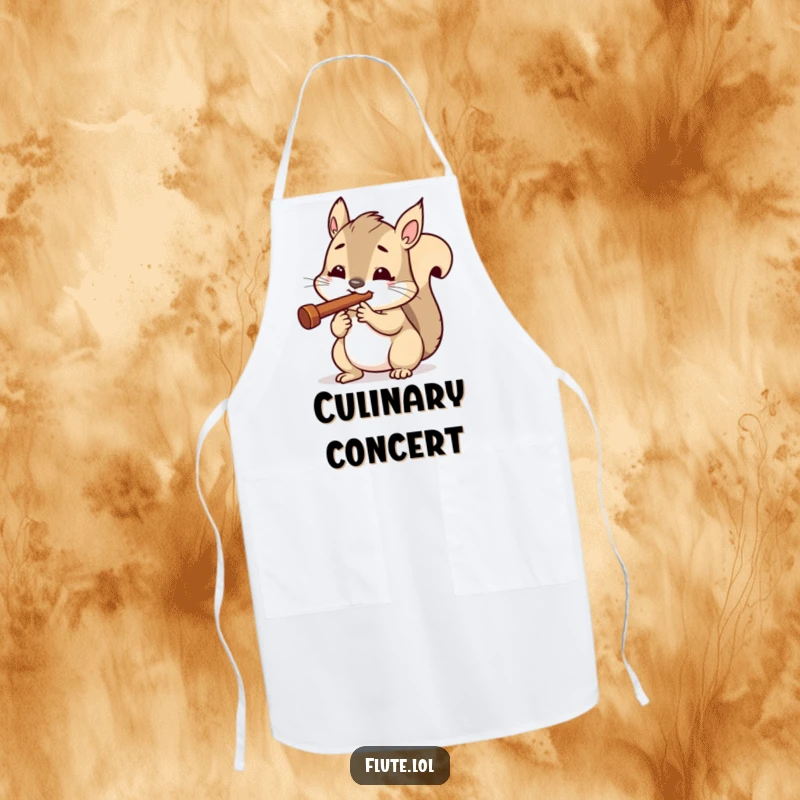 Funny apron showcasing a determined squirrel blowing a tiny flute, suitable for kitchen use and focused cooking.