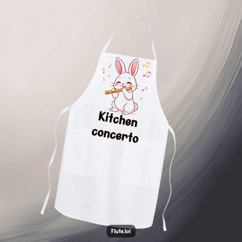 Funny apron decorated with a joyful rabbit playing a flute, ideal for kitchen use and musical enthusiasts.