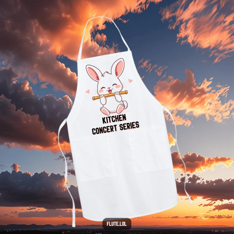 Funny, joyful rabbit playing a flute in the kitchen, adding musical cheer to this delightful apron.
