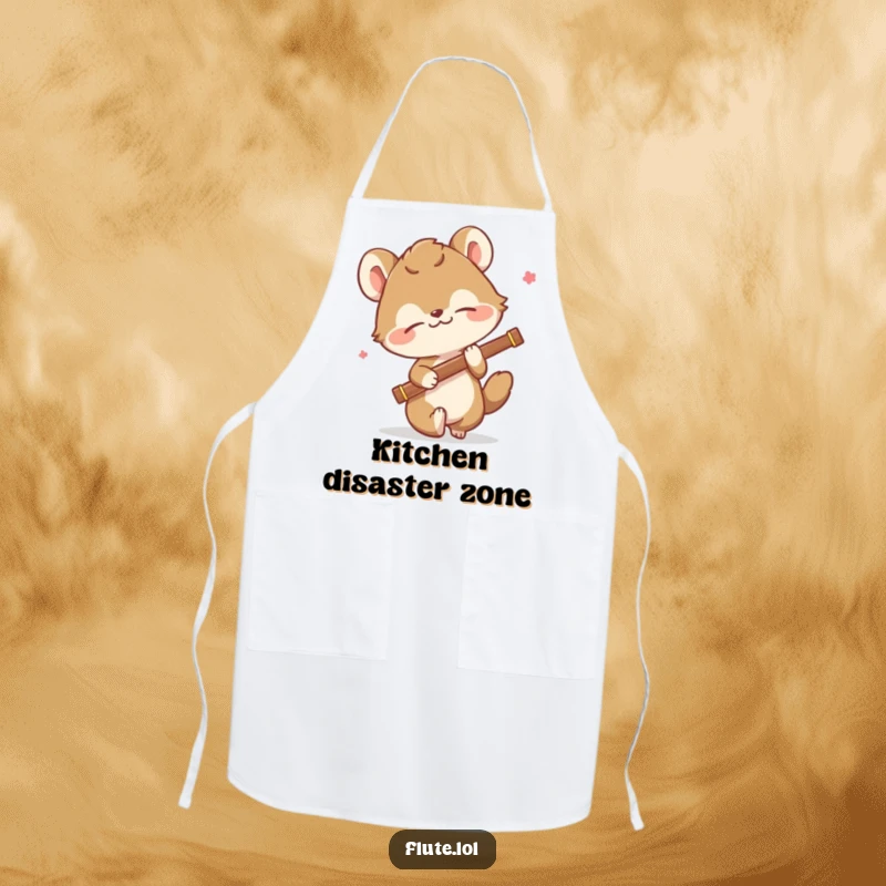 Funny apron showing a comically tripping animal struggling with a flute, bringing a sense of kitchen chaos and humor.