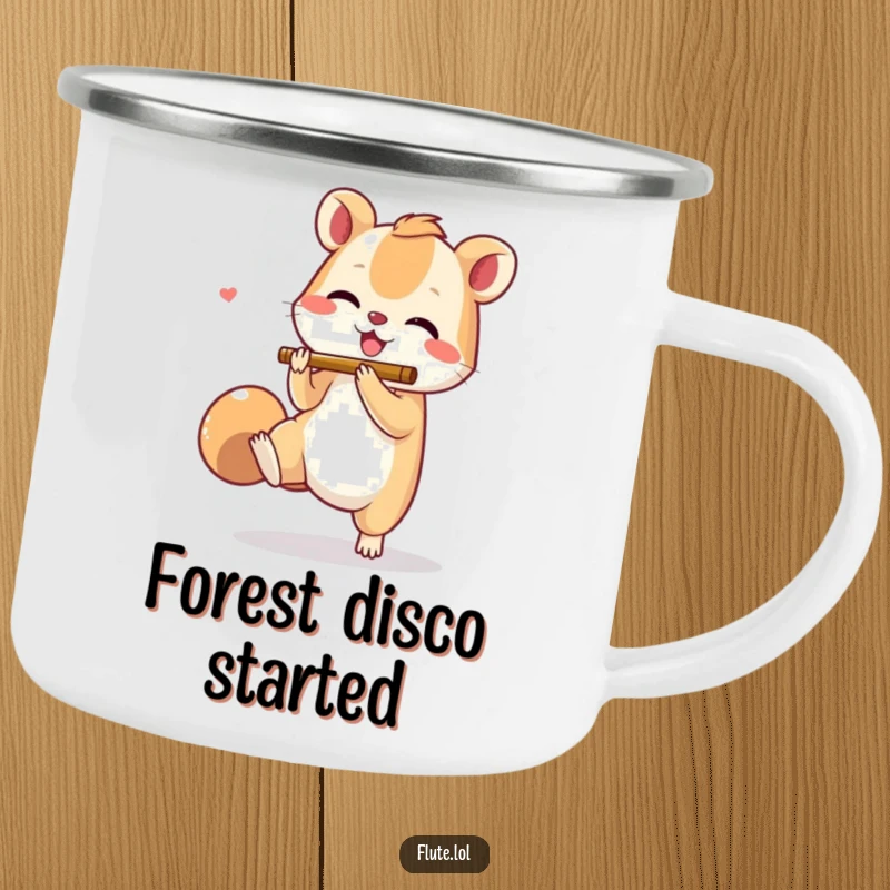 Funny camping mug showing a small animal joyfully tapping its foot while miming flute playing, ready for musical camp adventures.