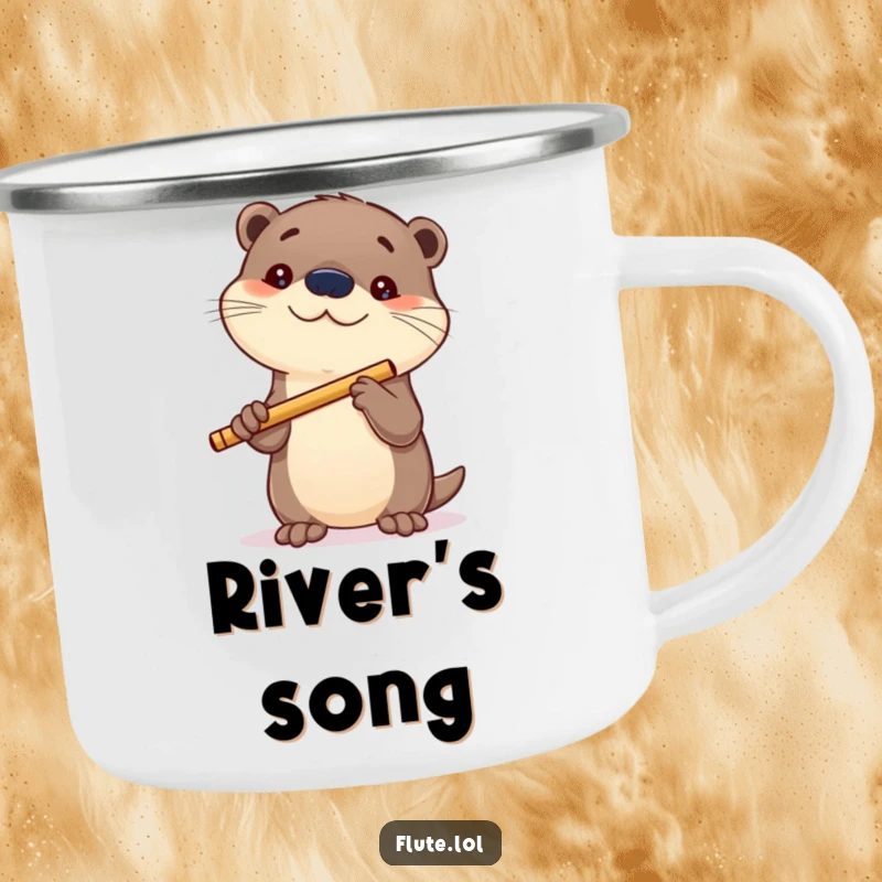 Funny camping mug featuring a curious otter holding a flute, ideal for outdoor enthusiasts who love exploration.