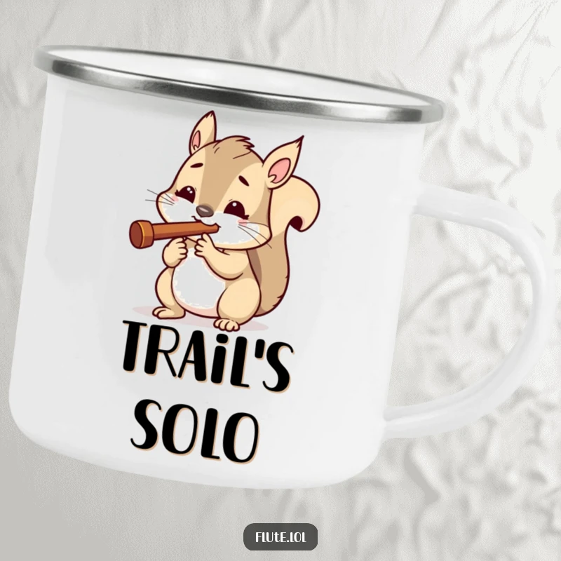 Funny camping mug with a determined squirrel playing a tiny flute, ideal for outdoor enthusiasts needing focus.