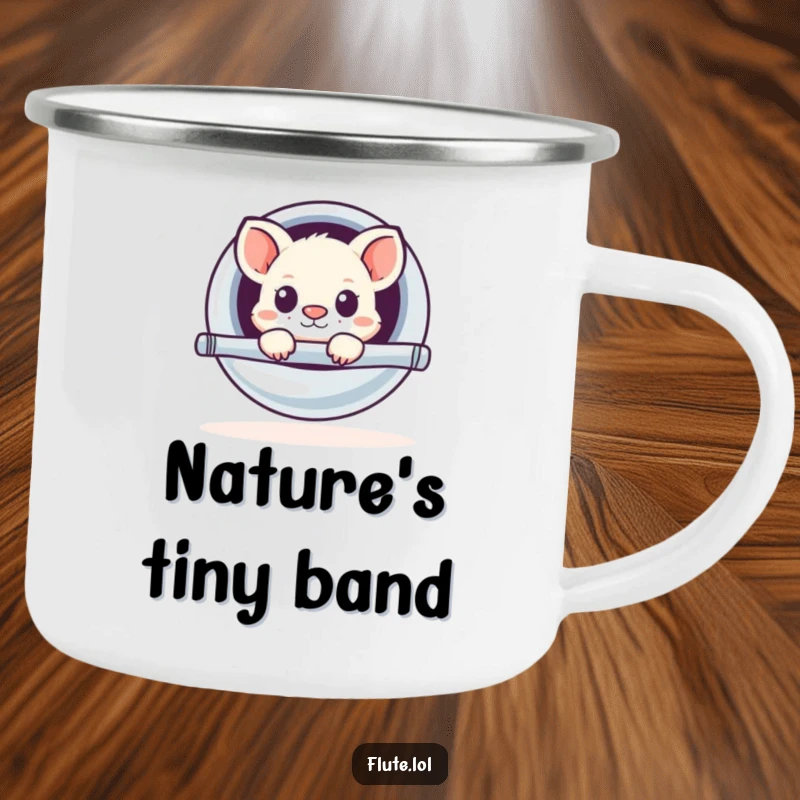 Funny camping mug with a small, curious animal peeking out from a large, shiny flute, ready for outdoor fun.