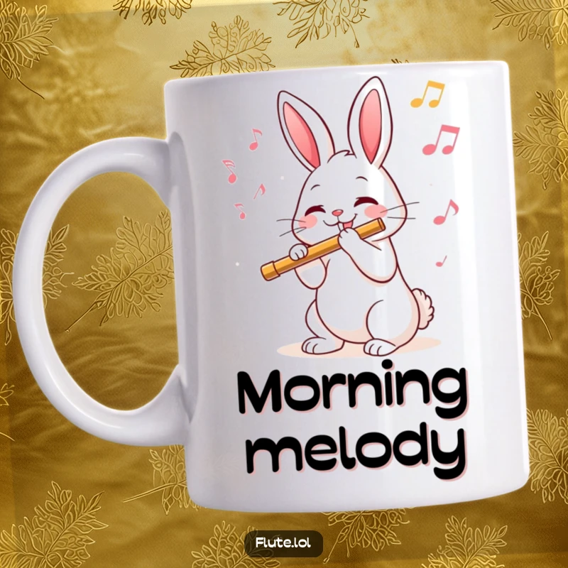 Funny mug showcasing a joyful rabbit playing a flute with musical notes swirling around, a delightful scene.
