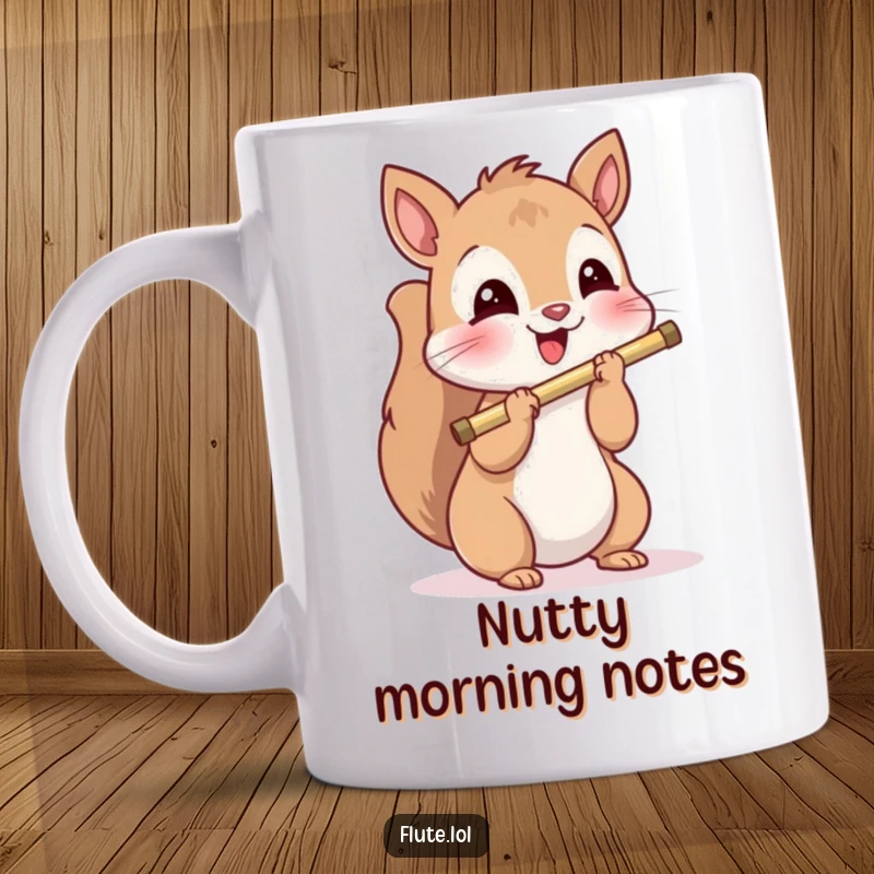 Funny, playful squirrel holding a flute and looking delighted, ready to play a merry tune on this mug.