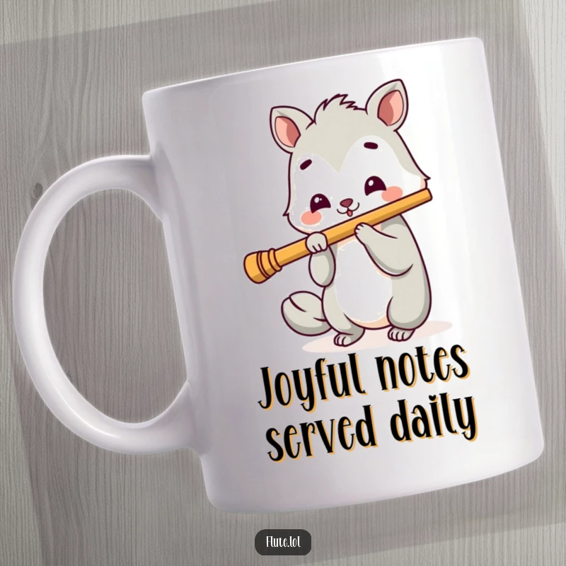 Funny mug showing a happy animal with a big smile playing a long flute, radiating pure musical joy.