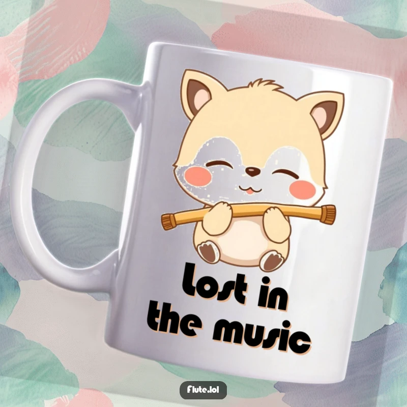Funny mug featuring a blissful animal with closed eyes, deeply blowing into a flute, conveying peaceful musical expression.