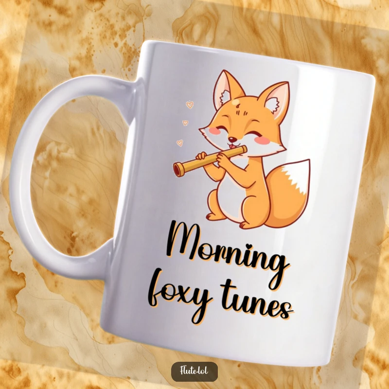 Funny, cheerful fox merrily blowing into a flute, spreading musical joy on this delightful mug.