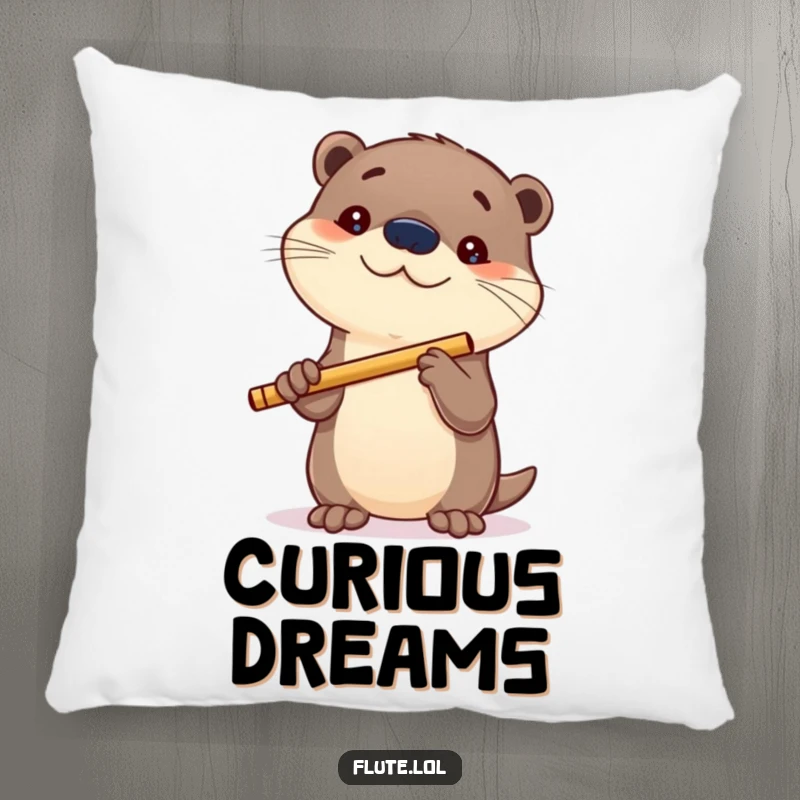 Funny pillow featuring a curious otter holding a flute, adding a touch of playful mystery and comfort.