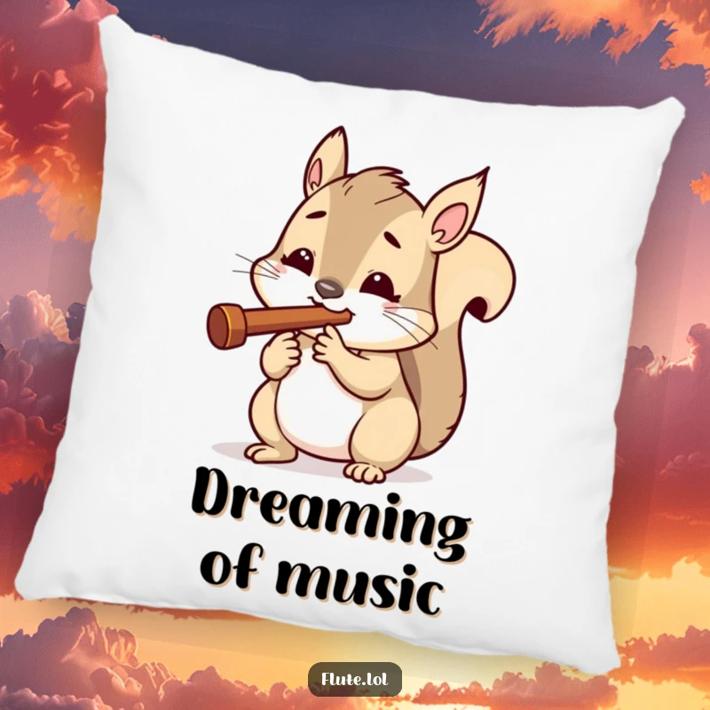 Funny pillow featuring a determined squirrel playing a tiny flute, symbolizing focus and providing comfortable support.