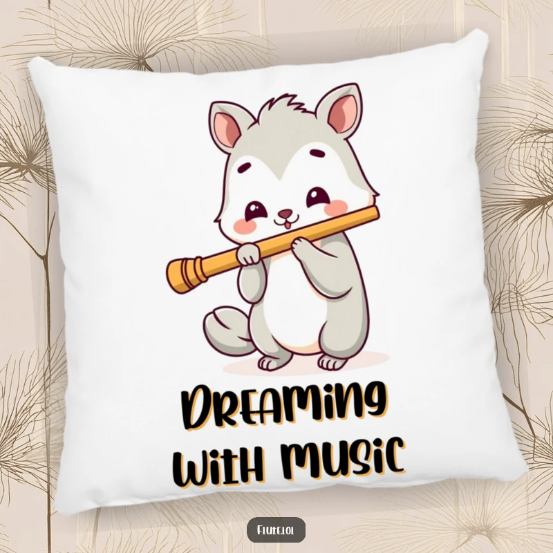 Funny pillow featuring a joyful animal with a cheerful expression playing a long flute, offering soft, musical comfort.
