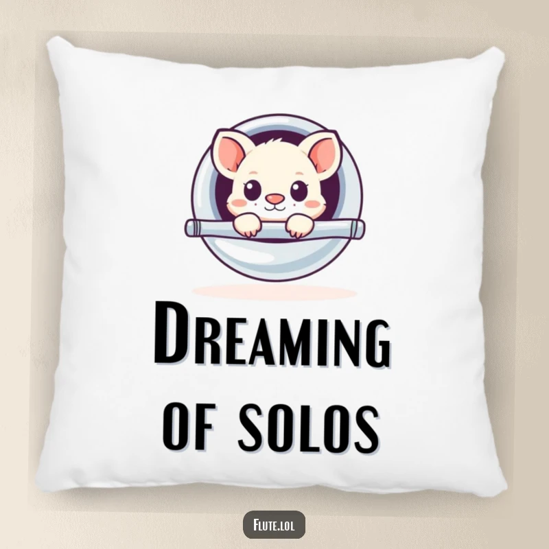 Funny pillow with a cute animal humorously peeking out from a large, shiny flute, offering a soft touch of comedy.