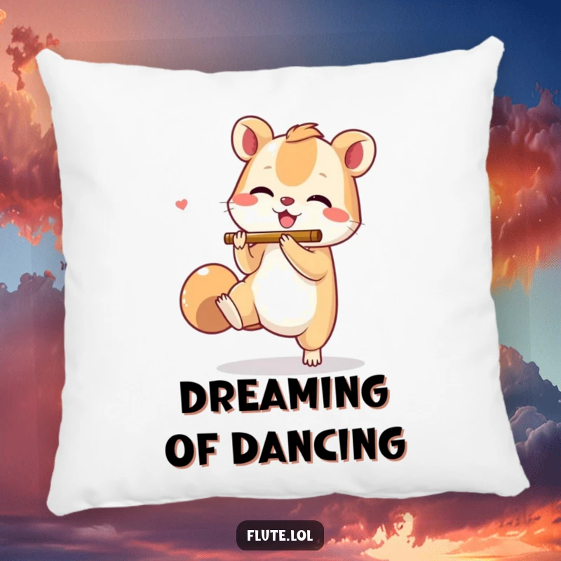 Funny pillow depicting a small animal joyfully tapping its foot while miming flute playing, offering soft, rhythmic comfort.