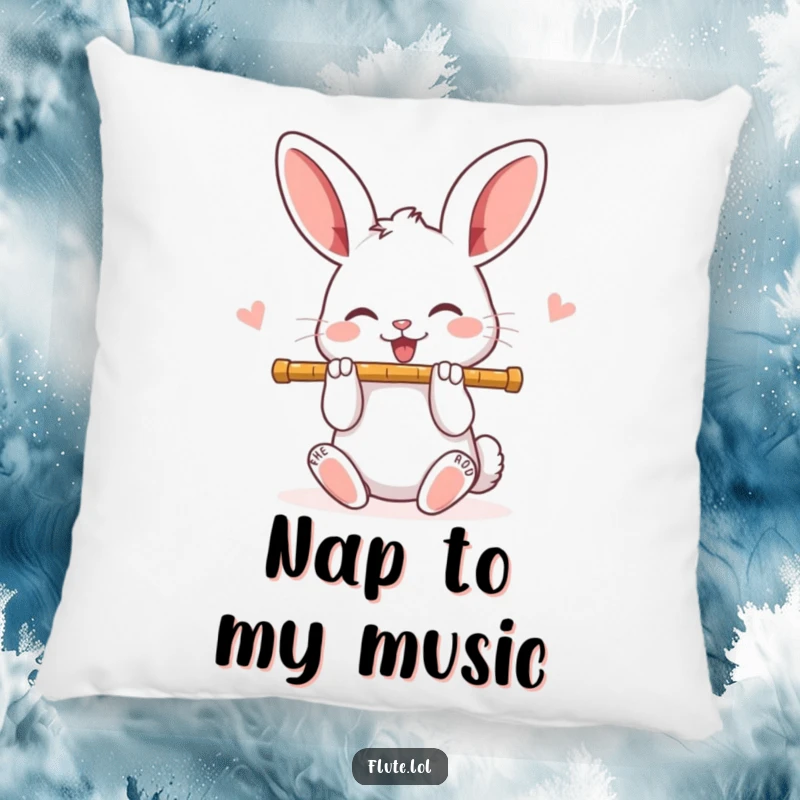 Funny joyful rabbit playing a flute with bright, happy eyes, a cozy and musical addition to any pillow collection.