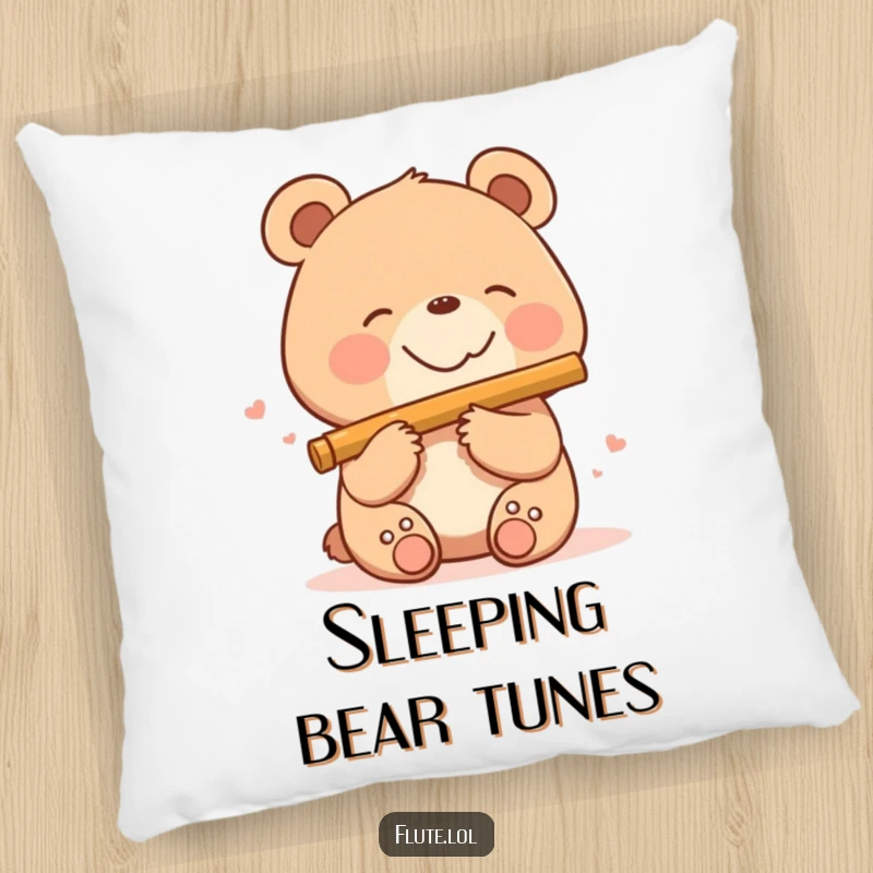 Funny smiling bear happily playing a flute, a cozy and musical addition to any pillow collection.