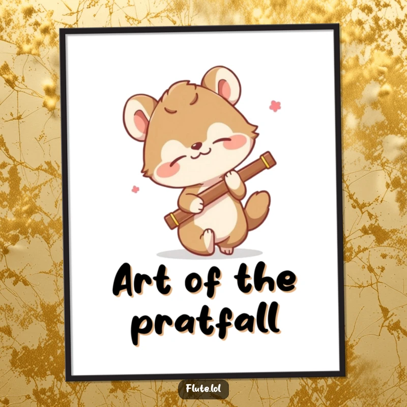 Funny digital art print of a comically tripping animal losing its balance while holding a flute, creating a hilarious scene.