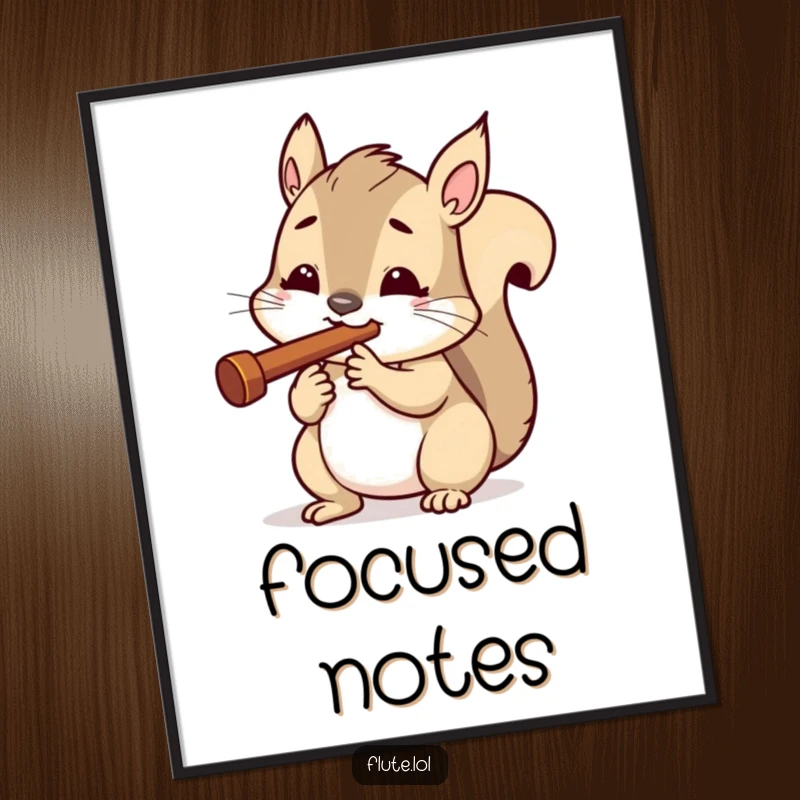 Funny digital art print of an excited squirrel determinedly playing a miniature flute, perfect for motivational decor.