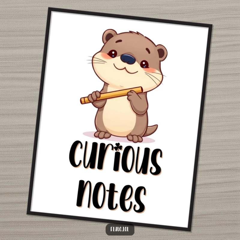 Funny digital art print of a playful otter curiously holding a flute, perfect for whimsical and intriguing wall decor.