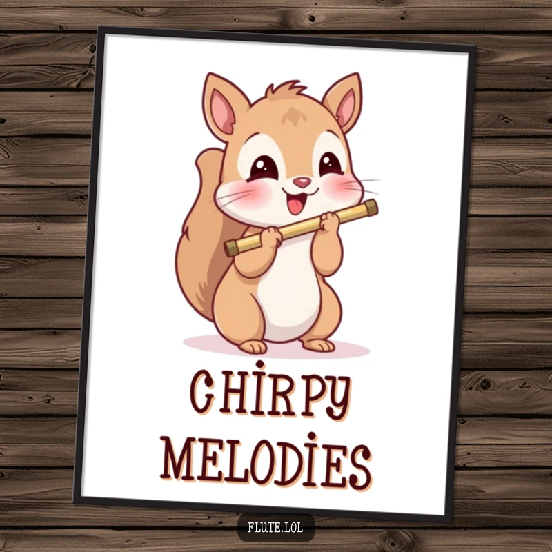 Funny, playful squirrel holding a flute with a delighted expression, a whimsical musical scene for inspirational digital art prints.