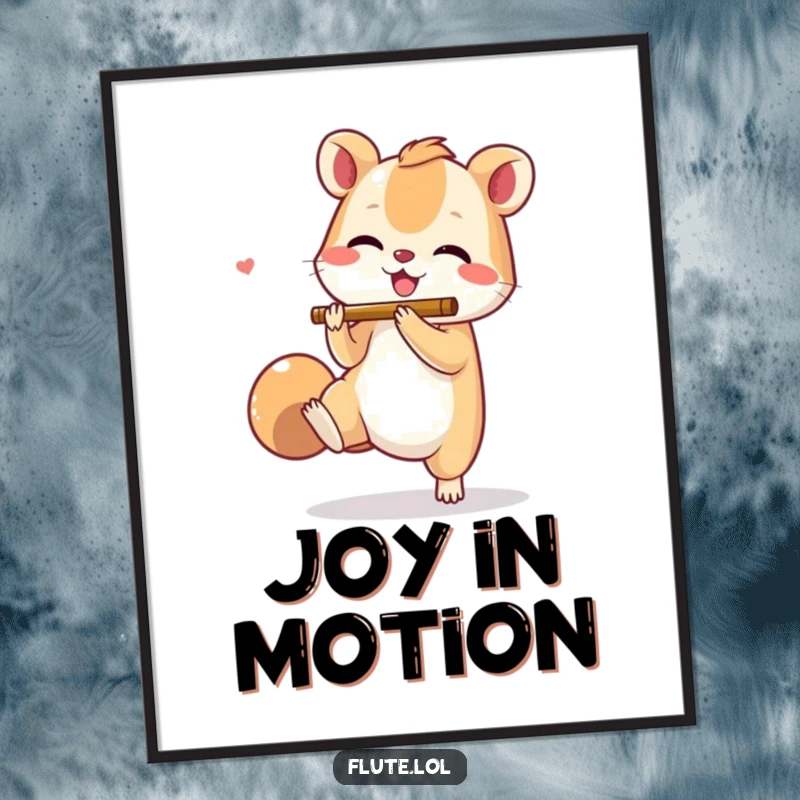 Funny digital art print of a small animal joyfully tapping its foot while enthusiastically miming flute playing, full of life.