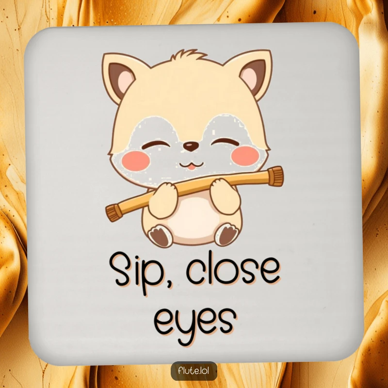 Funny drink coaster set with a blissful animal, eyes closed, blowing into a flute, offering soft, musical calm.