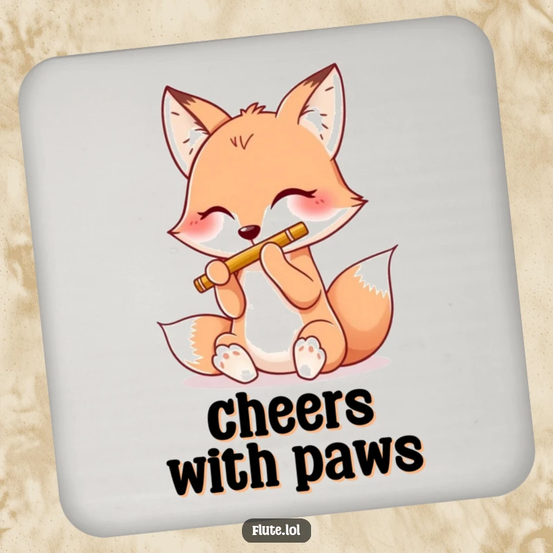 Funny drink coaster with a happy fox playing a flute using all four paws, adding joyful charm to tabletops.
