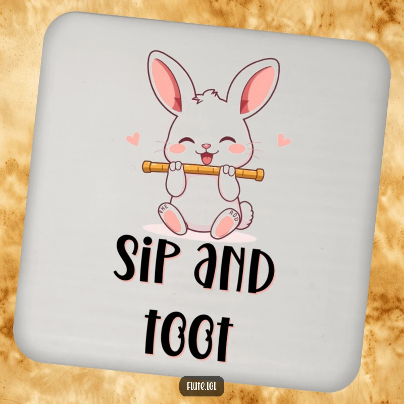 Funny, joyful rabbit playing a flute, adding musical charm while protecting surfaces on this funny drink coaster.