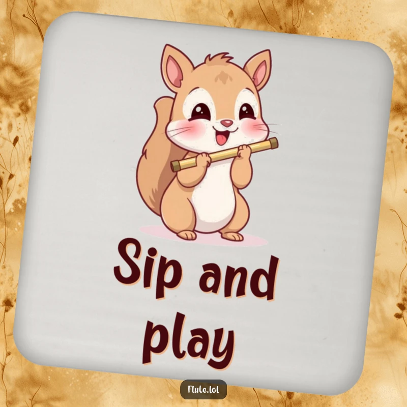 Funny, playful squirrel holding a flute, adding musical charm while protecting surfaces on this funny drink coaster.