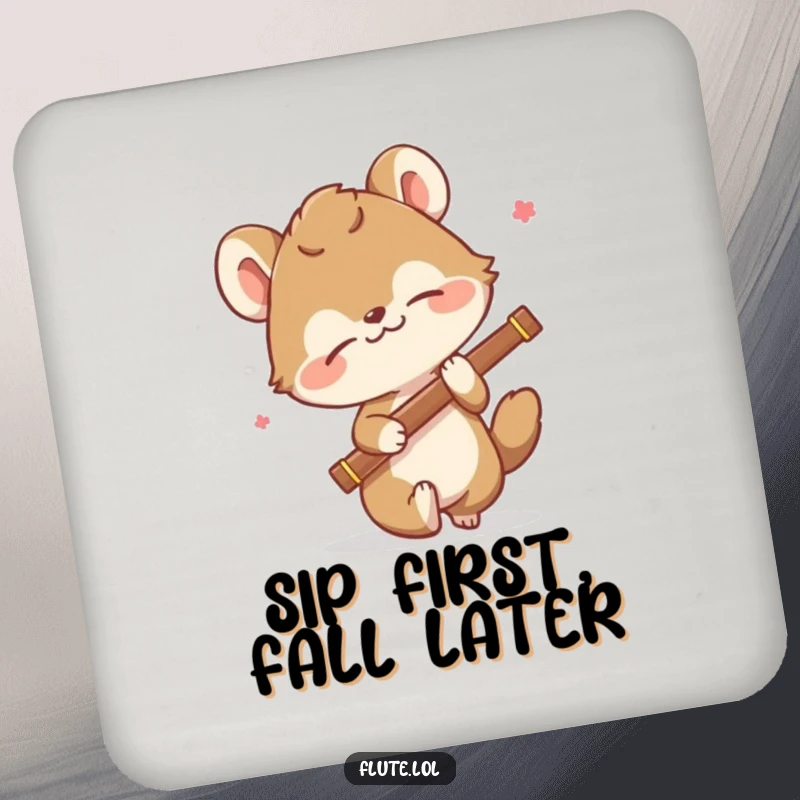 Funny drink coaster set with a comically tripping animal holding a flute, offering soft, humorous protection from spills.