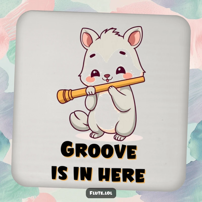 Funny drink coaster set featuring a cheerful animal with a big smile playing a long flute, adding musical joy.