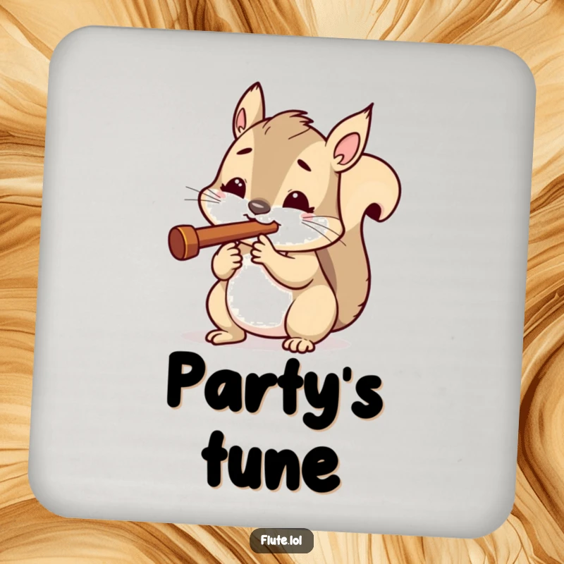 Funny drink coaster with a determined squirrel playing a tiny flute, adding a touch of focused humor to tabletops.