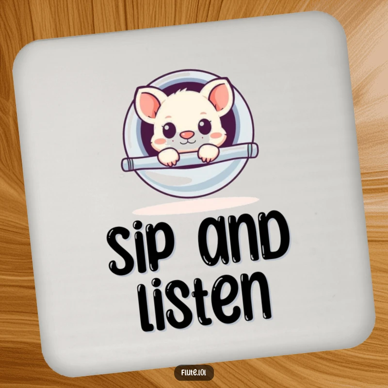 Funny drink coaster with a small animal humorously peeking out from a large, shiny flute, adding a touch of quirky protection.