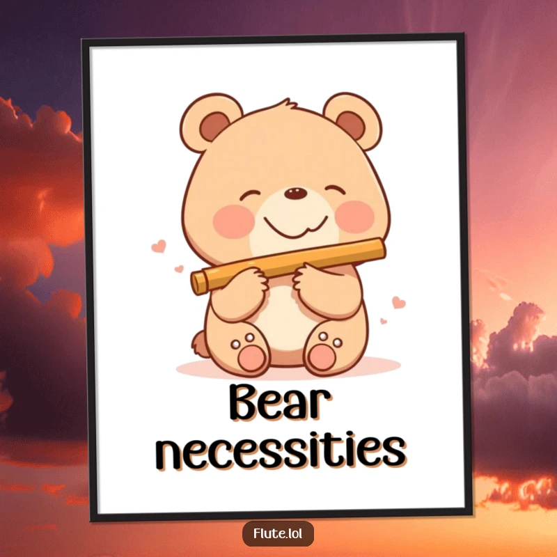 Funny, smiling bear playing a flute with a happy expression, creating a whimsical musical scene on this inspirational poster.