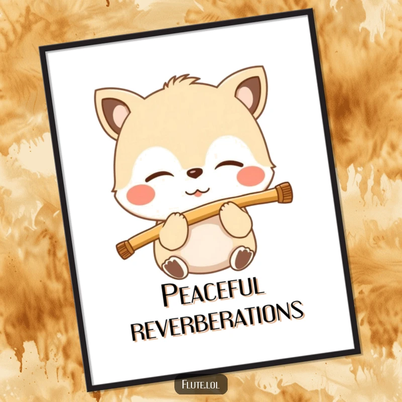 Funny poster showcasing a serene animal with closed eyes, gently blowing into a flute, capturing a moment of deep musicality.