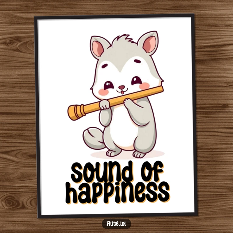 Funny poster showcasing a cheerful animal with a wide smile playing a long flute, capturing a moment of musical bliss.