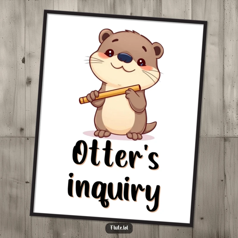 Funny poster art of a playful otter curiously holding a flute, creating an intriguing and whimsical scene.