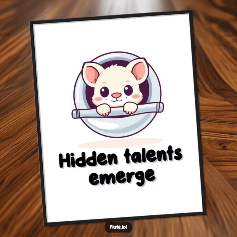 Funny poster depicting a small, adorable animal peeking out from a large, shiny flute, creating a humorous and surprising scene.