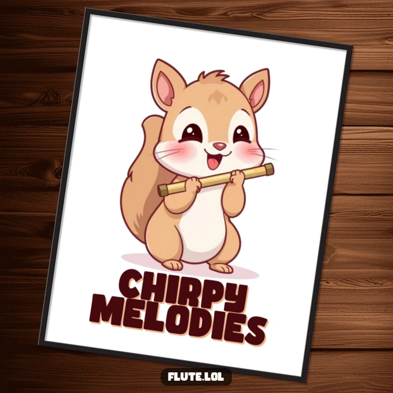 Funny, playful squirrel holding a flute and looking delighted, creating a whimsical musical scene on this inspirational poster.