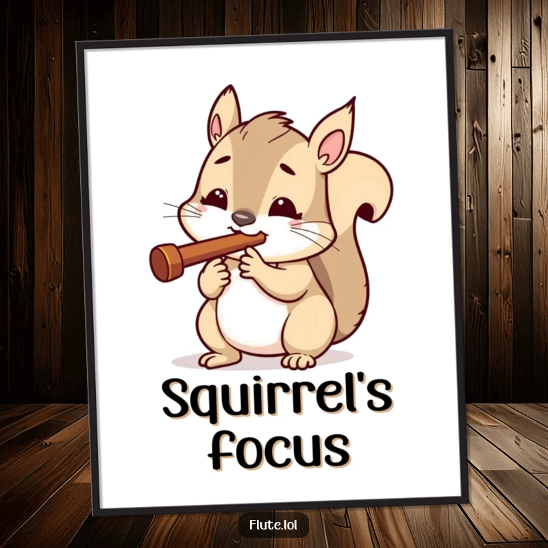 Funny poster art of an excited squirrel determinedly playing a miniature flute, creating a motivational and humorous scene.