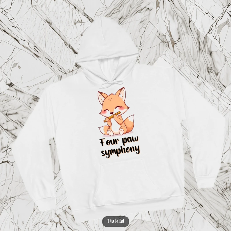 Funny hoodie depicting a happy fox playing a flute with all four paws, designed for cozy and cheerful wear.