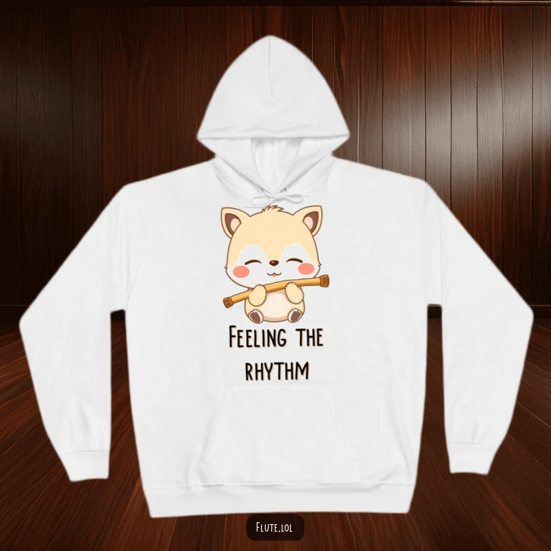 Funny hoodie depicting a blissful animal with closed eyes, gently blowing into a flute, embodying serene musicality.