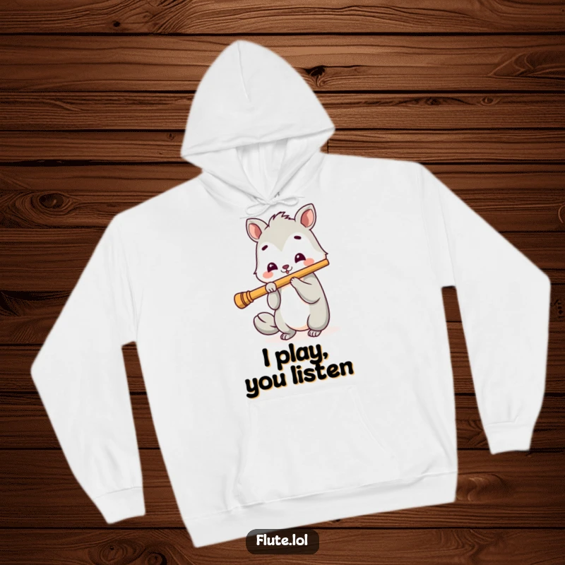 Funny hoodie depicting a joyful animal with a beaming smile enthusiastically playing a long flute, radiating happiness.