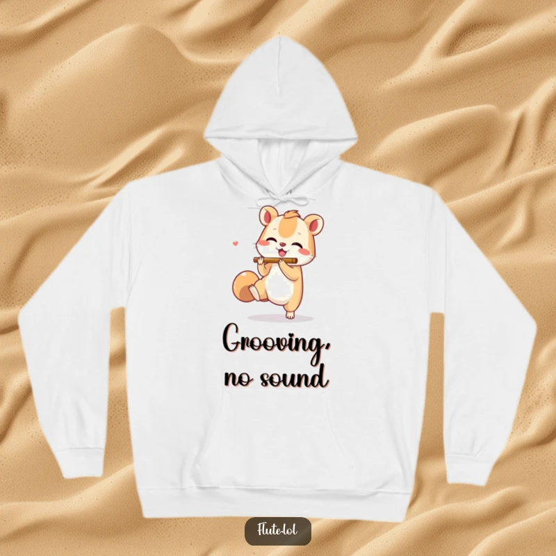 Funny hoodie depicting a small animal joyfully tapping its foot while miming flute playing, radiating rhythmic energy.