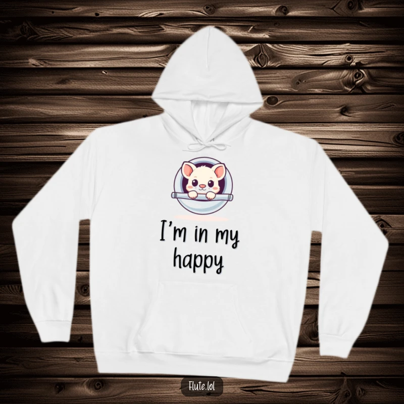 Funny hoodie with a small, cute animal humorously peeking out from a large, polished flute, ready to surprise.