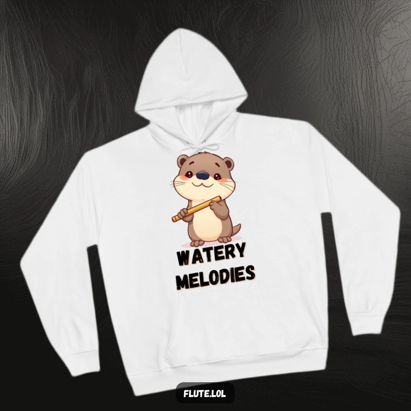 Funny hoodie featuring a curious otter holding a flute, perfect for staying warm while exploring new melodies.