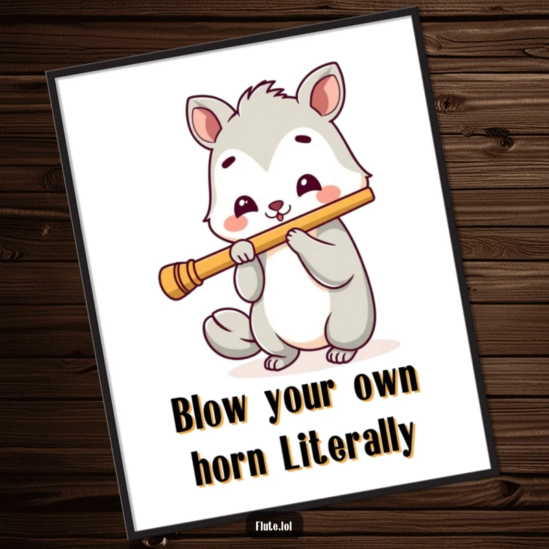 Funny Free Printable Wall Art: Cheerful animal with a smile playing a long flute, bringing musical vibes.