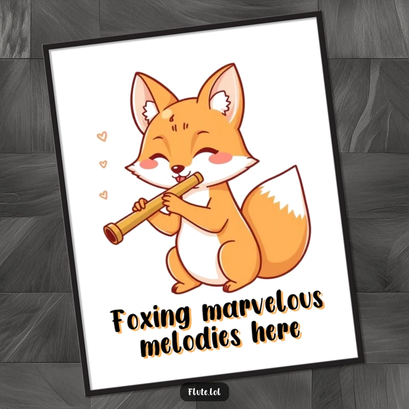 Funny free printable wall art of a cheerful fox merrily playing a flute with a happy expression.