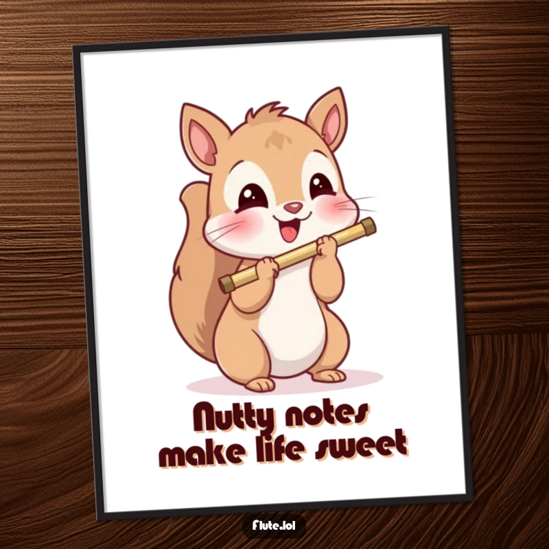 Funny free printable wall art of a delighted squirrel playing a flute with a playful and happy look.